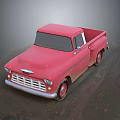 Red Vintage Pickup Truck With Old Appearance Front Grille And Wheels On Rough Ground