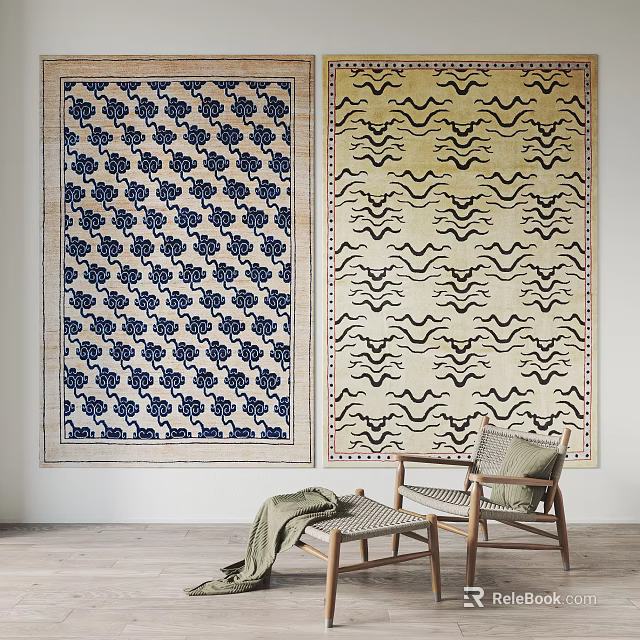 Square Carpets Featuring Blue White Floral And Beige Black Wave Patterns In Interior Space 3d model