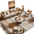 Modern Sofa Set Interior With Beige Upholstery Accent Pillows Wooden Coffee Table And Armchairs