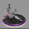 Silver Robot Sitting On Circular Platform With Colorful Neon Rings Holding Small Cube And Cables