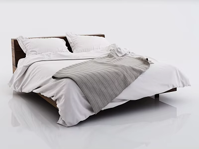 Modern Double Bed With Wooden Frame White Sheets And Gray Striped Blanket 3d model