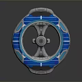 Blue Circular Device With Transparent Panels Flame Symbol And Wrench Icon On Silver Base