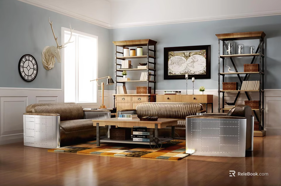 Cozy Sofa And Coffee Table Set In Living Room With Blue Wall Bookshelf And Rug 3d model 