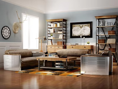 Cozy Sofa And Coffee Table Set In Living Room With Blue Wall Bookshelf And Rug 3d model