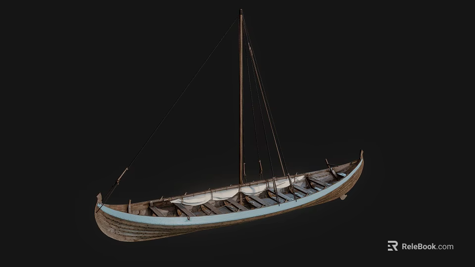 Traditional Wooden Yacht With Sail Mast Rowing Seats And Blue Trim Design 3d model 