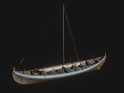 Traditional Wooden Yacht With Sail Mast Rowing Seats And Blue Trim Design 3d model
