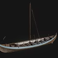 Traditional Wooden Yacht With Sail Mast Rowing Seats And Blue Trim Design