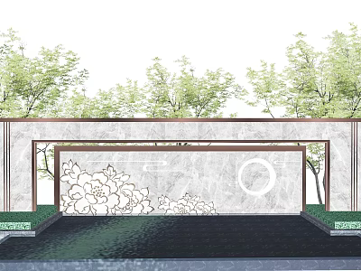 Elegant Scenic Wall Design With Marble Surface Floral Patterns Green Plants And Water Feature 3d model