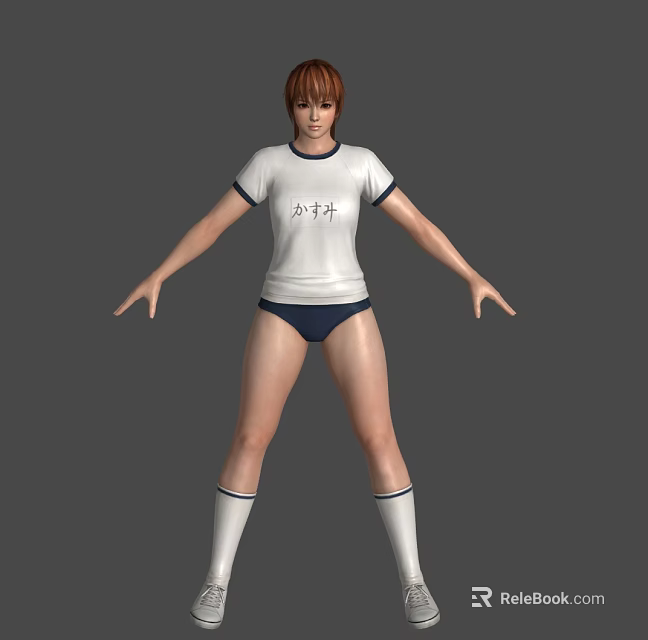 Woman in White T shirt With Japanese Characters Dark Shorts And White Knee High Socks 3d model 