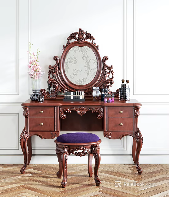 Vintage Dark Wood Dressing Table With Ornate Mirror Purple Stool And Cosmetics 3d model 