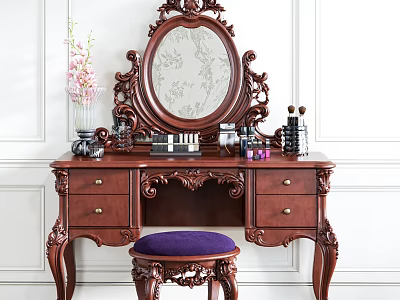 Vintage Dark Wood Dressing Table With Ornate Mirror Purple Stool And Cosmetics 3d model