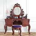 Vintage Dark Wood Dressing Table With Ornate Mirror Purple Stool And Cosmetics