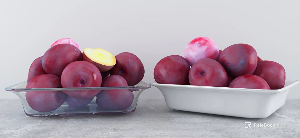 Purple Plums in Glass and White Bowls with Sliced Yellow Flesh on Light Gray Countertop 3d model 