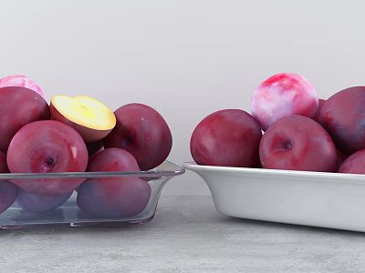 Purple Plums in Glass and White Bowls with Sliced Yellow Flesh on Light Gray Countertop 3d model