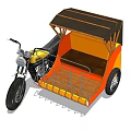 Motorcycle Based Tricycle With Yellow Carriage Brown Canopy Metal Railings And Wooden Floor