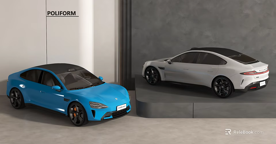 Blue And Silver Luxury Cars On Display In Modern Showroom 3d model 