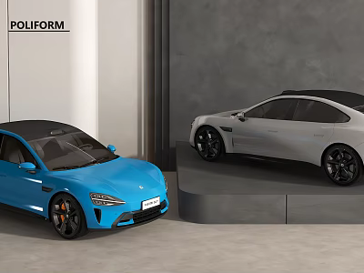 Blue And Silver Luxury Cars On Display In Modern Showroom 3d model