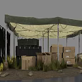 Outdoor Green Canvas Tent Structure With Table Equipment Grass And Stones