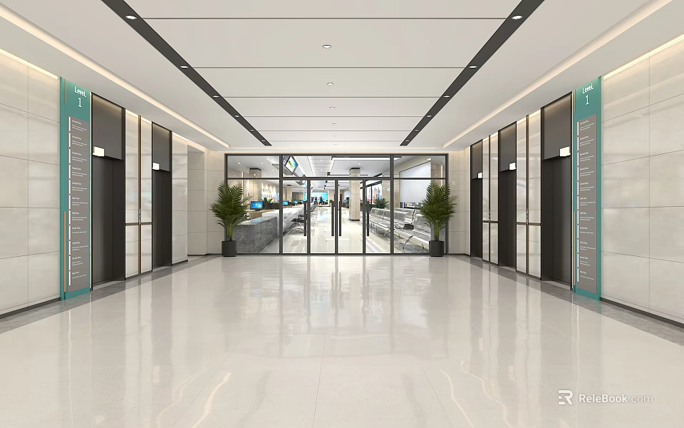 Spacious Modern Elevator Lobby With Polished Floors Elevators Glass Doors And Plants 3d model