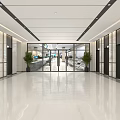 Spacious Modern Elevator Lobby With Polished Floors Elevators Glass Doors And Plants 3d model
