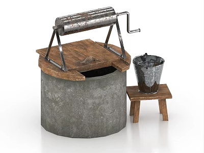 Vintage Hand Pump Water Well With Wooden Stool And Metal Bucket 3d model