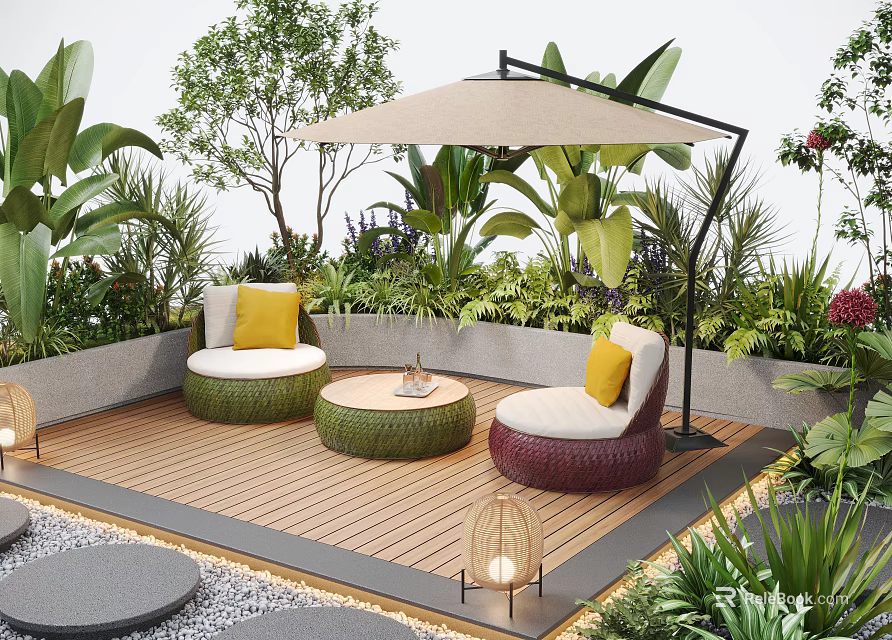 Courtyard Garden With Wooden Deck Round Sofas Yellow Cushions Coffee Table Umbrella Green Plants Lantern 3d model 