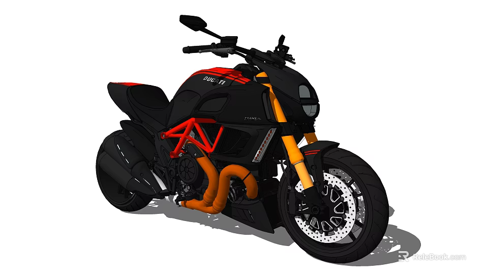 Black and Red Modern Motorcycle with Orange Exhaust Yellow Forks and Stylish Rims 3d model 