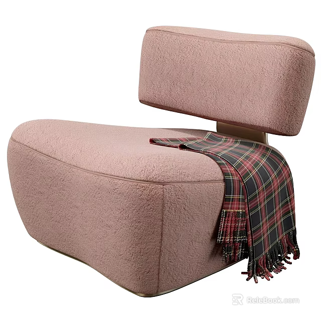 Blush Pink Plush Accent Chair Curved Design With Plaid Blanket And Brushed Brass Legs 3d model 