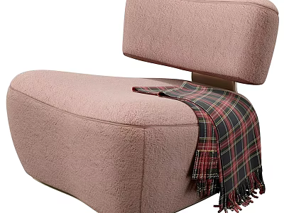 Blush Pink Plush Accent Chair Curved Design With Plaid Blanket And Brushed Brass Legs 3d model