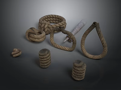 Handmade Rope Craft Items With Knots Loops Coils And Wooden Stick 3d model