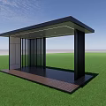 Modern Pavilion With Black Pillars Wooden Platform And Cloud Pattern On Green Grass 3d model