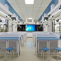 Modern Laboratory Interior With Lab Benches Blue Stools And Large Screen Equipment 3d model