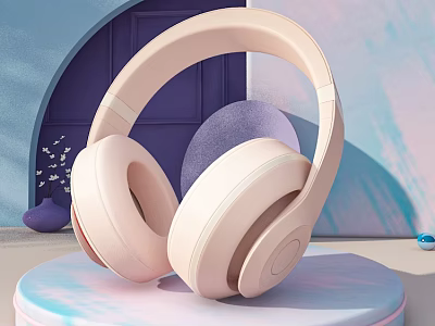 Pastel Pink Modern Headphones with Comfortable Ear Cushions on Soft Background Display Stand 3d model