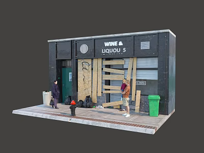 Wine and Liquor Storefront With Black Exterior Wooden Boards and People Outside 3d model