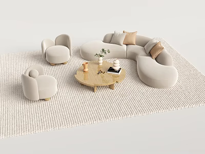 Curved Sofa And Coffee Table Set With Armchairs Wooden Top And Decor On Woven Rug 3d model