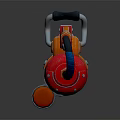 Red And Orange Mechanical Weapon With Metal Nozzle Fuel Tank And Black Hose