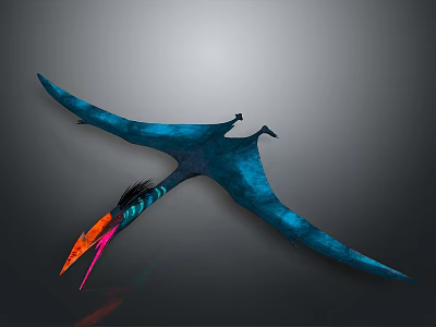 Blue Pterosaur With Long Wings And Colorful Orange Pink Tail Flying 3d model