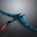 Blue Pterosaur With Long Wings And Colorful Orange Pink Tail Flying