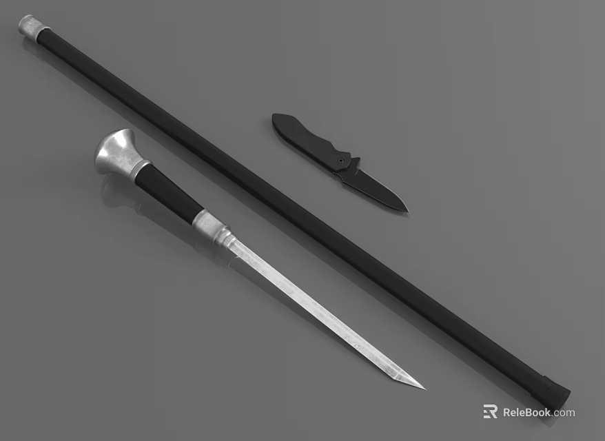 Traditional Weapon Set with Sword Knife Black Sheath and Metal Handle 3d model 
