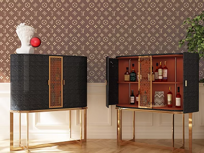 Modern Wine Cabinet With Golden Frame Woven Black Doors Open Storage And Bottles 3d model