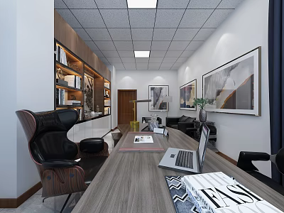 Modern Office Interior Design With Large Desk Black Leather Chair And Wall Art Decor 3d model