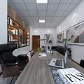 Modern Office Interior Design With Large Desk Black Leather Chair And Wall Art Decor