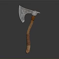 Medieval Battle Axe Featuring Silver Intricate Patterned Head and Wooden Brown Wrapped Handle