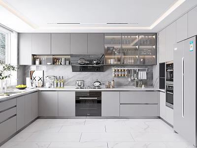Modern Kitchen Interior With Gray Cabinets Marble Countertop And Stainless Steel Appliances 3d model
