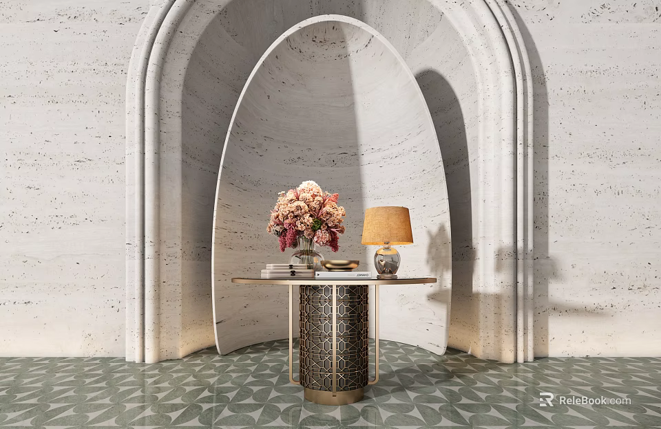 Stylish Console Table with Floral Arrangement and Lamp in Arched Marble Wall Geometric Tile Floor Space 3d model 