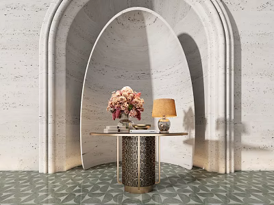 Stylish Console Table with Floral Arrangement and Lamp in Arched Marble Wall Geometric Tile Floor Space 3d model
