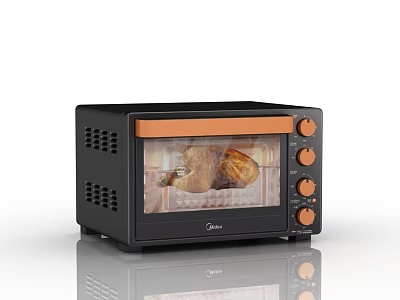 Midea Black And Orange Electric Oven With Transparent Glass Door Cooking Chicken Inside Knob Controls 3d model
