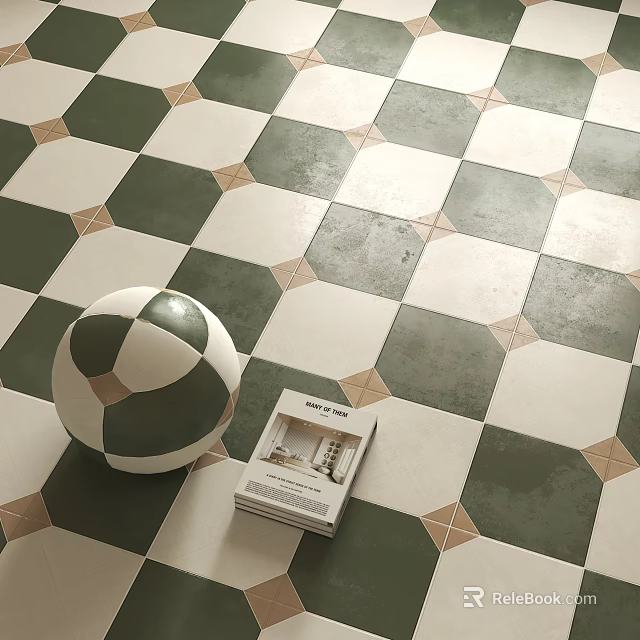 Green and White Floor Tiles With Geometric Pattern And Decorative Ball And Magazine 3d model 