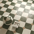 Green and White Floor Tiles With Geometric Pattern And Decorative Ball And Magazine