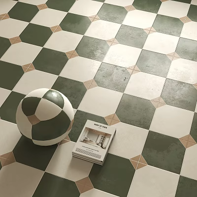 Green and White Floor Tiles With Geometric Pattern And Decorative Ball And Magazine 3d model